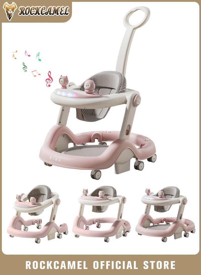 ROCKCAMEL 3-in-1 Foldable Baby Walker, Adjustable Height Anti-Tip Activity Walker with Music, Push Handle, Removable Tray & Footrest, Convertible Sit-to-Stand Learning Walker for Baby 7-18 Months, Pink - Image 1